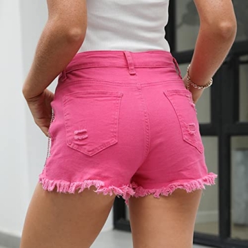 Women Pink Denim Shorts with Rhinestone Fringe for Summer