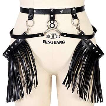 Woman Body Harness Adjustable Dance Clothing Accessories Leg Waist Tassel Gothic Punk Belt (Black)