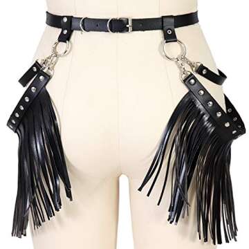 Woman Body Harness Adjustable Dance Clothing Accessories Leg Waist Tassel Gothic Punk Belt (Black)