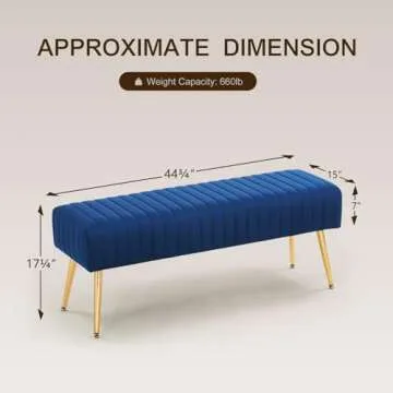 Furnimart 44 Inch Velvet Bench Ottoman Bench Footrest Bedroom Bench End of Bed Tufting Bench Indoor Bench with Gold Legs for Living Room Bedroom Entryway Dark Blue