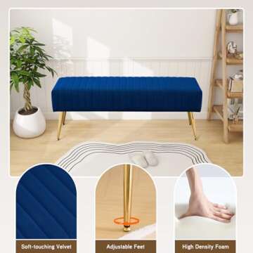 Furnimart 44 Inch Velvet Bench Ottoman Bench Footrest Bedroom Bench End of Bed Tufting Bench Indoor Bench with Gold Legs for Living Room Bedroom Entryway Dark Blue