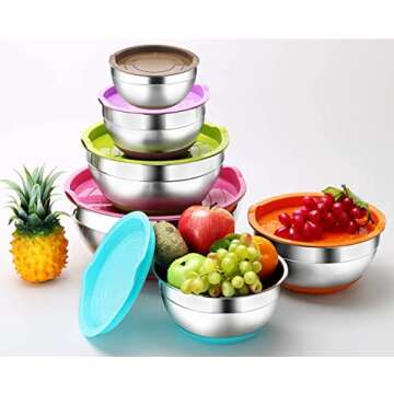 REGILLER Stainless Steel Mixing Bowls with Airtight Lids, 6 Piece Colorful Silicone Flat Base Nestin...