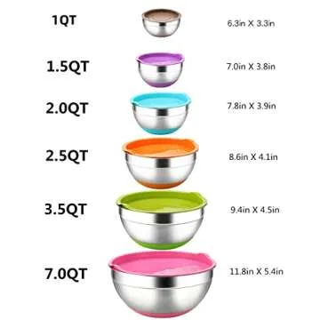 REGILLER Stainless Steel Mixing Bowls with Airtight Lids, 6 Piece Colorful Silicone Flat Base Nesting Metal Bowls, Measurement Lines for Cooking Supplies(Colorful)