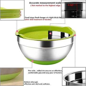 REGILLER Stainless Steel Mixing Bowls with Airtight Lids, 6 Piece Colorful Silicone Flat Base Nesting Metal Bowls, Measurement Lines for Cooking Supplies(Colorful)