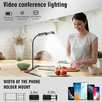 MACTREM Overhead Phone Mount, Ajustable Tripod with Cellphone Holder, Tripod with Led Light/Table Top Teaching Online Stand for Live Streaming and Online Video and Cook Recording