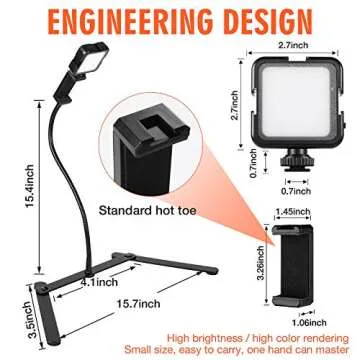 MACTREM Overhead Phone Mount, Ajustable Tripod with Cellphone Holder, Tripod with Led Light/Table Top Teaching Online Stand for Live Streaming and Online Video and Cook Recording