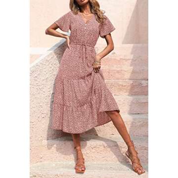 PRETTYGARDEN Women's Floral Boho Dress Casual Short Sleeve V Neck Ruffle Tiered Summer Swing Maxi Dr...