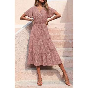 PRETTYGARDEN Women's Floral Boho Dress Casual Short Sleeve V Neck Ruffle Tiered Summer Swing Maxi Dresses(Brick Red Floral,Small)