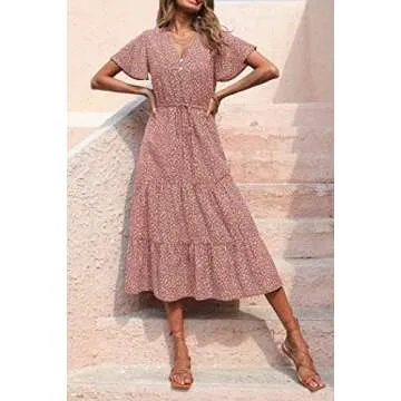 PRETTYGARDEN Women's Floral Boho Dress Casual Short Sleeve V Neck Ruffle Tiered Summer Swing Maxi Dresses(Brick Red Floral,Small)