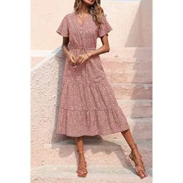 PRETTYGARDEN Women's Floral Boho Dress Casual Short Sleeve V Neck Ruffle Tiered Summer Swing Maxi Dresses(Brick Red Floral,Small)