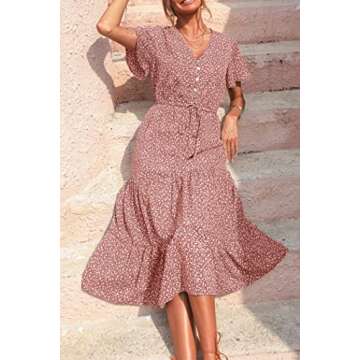 PRETTYGARDEN Women's Floral Boho Dress Casual Short Sleeve V Neck Ruffle Tiered Summer Swing Maxi Dresses(Brick Red Floral,Small)