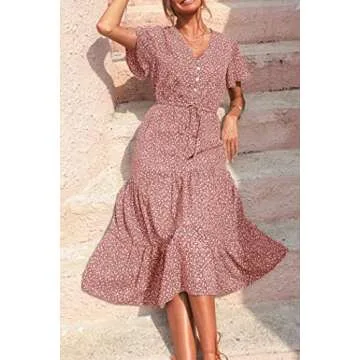 PRETTYGARDEN Women's Floral Boho Dress Casual Short Sleeve V Neck Ruffle Tiered Summer Swing Maxi Dresses(Brick Red Floral,Small)