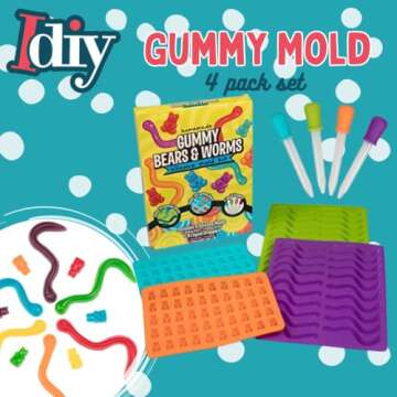 Gummy Bear & Worm Silicone Candy Molds, 4 Pack Set - Nonstick Trays with 2 Droppers for Chocolate, I...