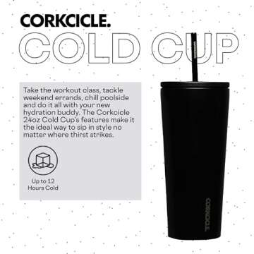 Corkcicle Cold Cup Insulated Tumbler with Lid and Straw, Matte Black, 24 oz – Reusable Water Bottl...