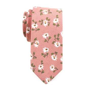 Men's Coral Pink Narrow Ties Cotton Sun Flowers Printed Wedding Party Neckties Great for Gifts Grooms