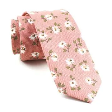 Men's Coral Pink Narrow Ties Cotton Sun Flowers Printed Wedding Party Neckties Great for Gifts Grooms