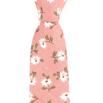 Men's Coral Pink Narrow Ties Cotton Sun Flowers Printed Wedding Party Neckties Great for Gifts Grooms