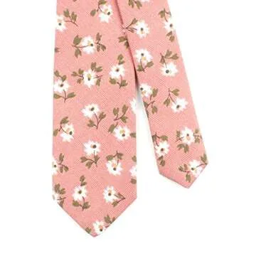 Men's Coral Pink Narrow Ties Cotton Sun Flowers Printed Wedding Party Neckties Great for Gifts Grooms