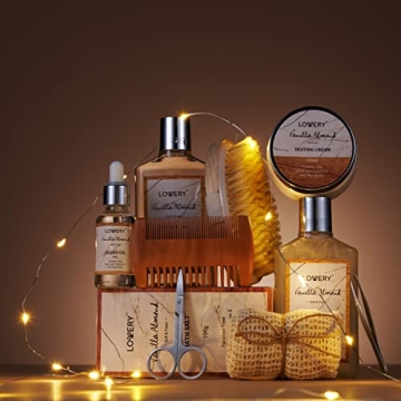 Christmas Gifts for Men, Spa Gift for Him, Dad, Mens, Husband - 11pc Vanilla Almond Unique Grooming Self Care Baskets, Bath and Body Beauty & Personal Beard Care Gifts for Men Who Have Everything