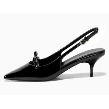 Coutgo Womens Bow Slingback Heels Low Kitten Heel Pumps Closed Pointed Toe Party Wedding Dress Shoes, Black, Size 8