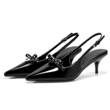 Coutgo Womens Bow Slingback Heels Low Kitten Heel Pumps Closed Pointed Toe Party Wedding Dress Shoes, Black, Size 8