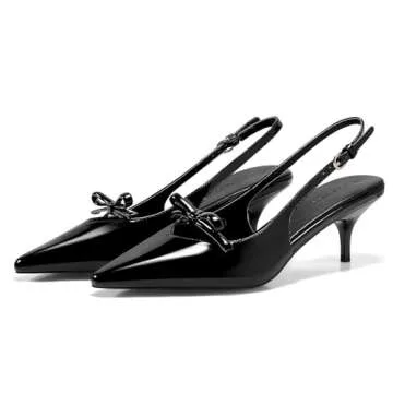 Coutgo Womens Bow Slingback Heels Low Kitten Heel Pumps Closed Pointed Toe Party Wedding Dress Shoes, Black, Size 8