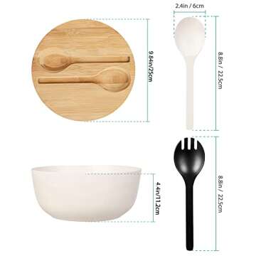 10” Bamboo Fiber Large Salad Serving Bowl Set with Wooden Lid & Servers, 3.5Qt Big Bowl with Utens...