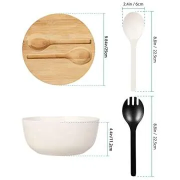10” Bamboo Fiber Large Salad Serving Bowl Set with Lid & Servers for Mixing Salads, Pasta, and Mor...