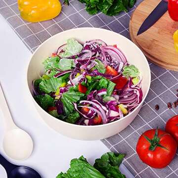 10” Bamboo Fiber Large Salad Serving Bowl Set with Wooden Lid & Servers, 3.5Qt Big Bowl with Utensils for Mixing Salad,Fruit,Pasta,Lightweight & Dishwasher Safe, Ideal Gift for Home - Matte White