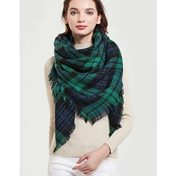 Wander Agio Womens Warm Blanket Scarf Square Winter Shawls Infinity Scarves Stripe Plaid Green 3