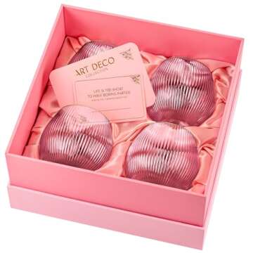 GLASSIQUE CADEAU Vintage Blush Pink Art Deco Gin and Tonic Glasses with Gold Rims | Set of 4 | 13.5 oz Stemless Crystal Balloons for Drinking Gin Cocktails | Retro Gift Goblets for Gin Lovers