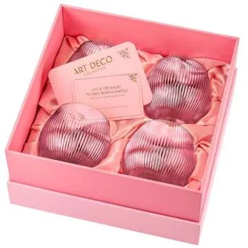 GLASSIQUE CADEAU Vintage Blush Pink Art Deco Gin and Tonic Glasses with Gold Rims | Set of 4 | 13.5 oz Stemless Crystal Balloons for Drinking Gin Cocktails | Retro Gift Goblets for Gin Lovers