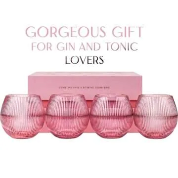 GLASSIQUE CADEAU Vintage Blush Pink Art Deco Gin and Tonic Glasses with Gold Rims | Set of 4 | 13.5 oz Stemless Crystal Balloons for Drinking Gin Cocktails | Retro Gift Goblets for Gin Lovers