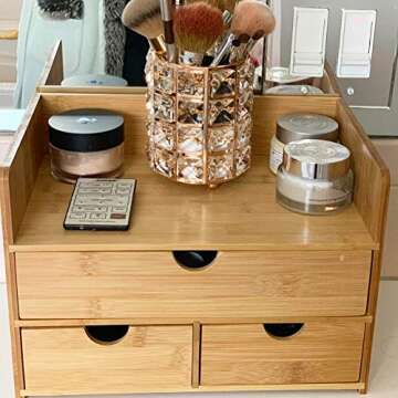 Coideal 3 Tier Bamboo Desk Organizer with 3 Drawers for Desktop Office Supplies, Vanity, Kitchen and Home, 11.8 x 8.6 x 7.7 in (L x W x H)