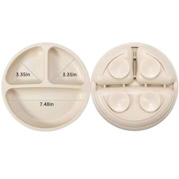 PandaEar Silicone Baby Feeding Set, 2 Pack - Divided Suction Plate, 2 Tiny Cup with Spoons, BPA Free, Light Tan/Pink