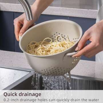 Metal Colander 5 Quart Powder Coated Self-draining Metal Strainer with Base,Kitchen Pasta Fruit Vegetable Basket with Double Handles (Sand Yellow)