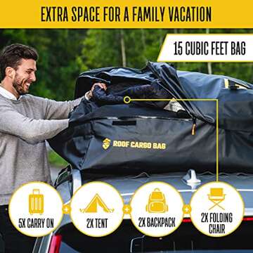 TOOLGUARDS Roof Cargo Bag - 15 Cubic ft for Cars with or Without Racks - Rooftop Cargo Carrier