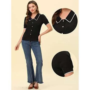 Allegra K Short Sleeve Chiffon Blouse for Women's Collared Casual Work Button Down Shirt Top Small B...