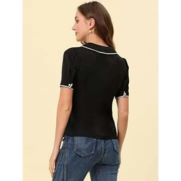 Allegra K Short Sleeve Chiffon Blouse for Women's Collared Casual Work Button Down Shirt Top Small Black