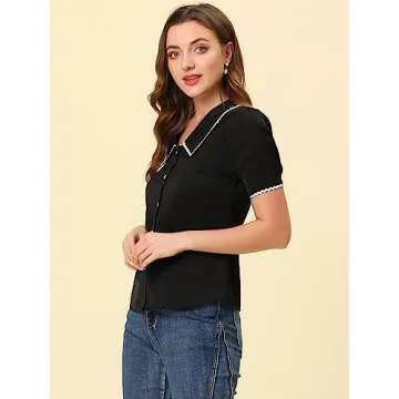 Allegra K Short Sleeve Chiffon Blouse for Women's Collared Casual Work Button Down Shirt Top Small Black