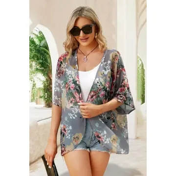 Floral Print Puff Sleeve Kimono Cardigan Lightweight Summer