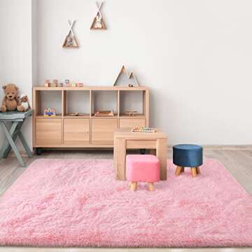 Prabia Super Soft Fluffy Shaggy Rugs 4x5.9 Feet for Living Room Bedroom, Fuzzy Plush Area Rugs for Girls Kids Room Nursery Home Decor, Furry Dorm Rug Cute Non-Slip Indoor Floor Carpet, Baby Pink