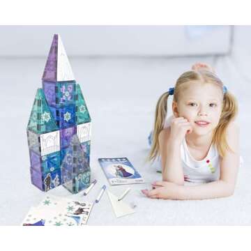 Tytan Tiles Official Disney Licensed Frozen Castle Magnetic Tiles 68 Piece Building Set, Powerful STEM/STEAM Learning Workbook, Creative Architectural Play, Shape & Pattern Recognition, Ages 3 and Up