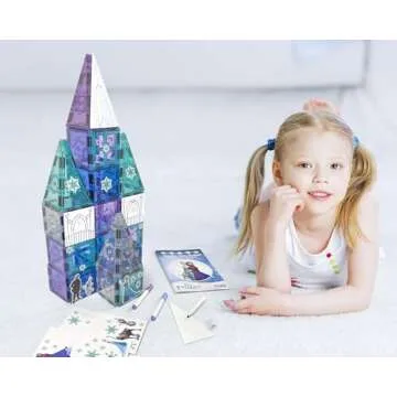 Tytan Tiles Official Disney Licensed Frozen Castle Magnetic Tiles 68 Piece Building Set, Powerful STEM/STEAM Learning Workbook, Creative Architectural Play, Shape & Pattern Recognition, Ages 3 and Up