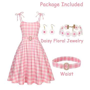 Women Costume Movie Doll Princess Dresses Cosplay Halloween Costume Adult Women Outfit Pink Plaid Dr...
