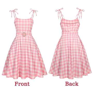 Women Costume Movie Doll Princess Dresses Cosplay Halloween Costume Adult Women Outfit Pink Plaid Dress with Accessories Daisy Floral Necklace Earrings RK001S