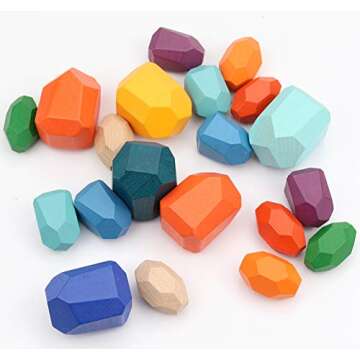 LSJDEER 20 PCS Wooden Rocks Balance Stones Building Blocks Set, Colored Wood Balancing Stone Stacking Game, Lightweight Natural Educational Preschool Learning Large Small Puzzle Toy for Kids (20PCS)