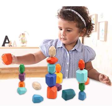 LSJDEER 20 PCS Wooden Rocks Balance Stones Building Blocks Set, Colored Wood Balancing Stone Stacking Game, Lightweight Natural Educational Preschool Learning Large Small Puzzle Toy for Kids (20PCS)