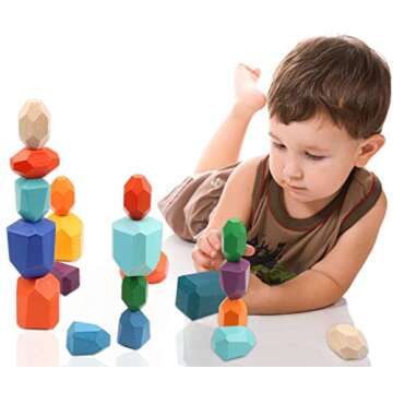 LSJDEER 20 PCS Wooden Rocks Balance Stones Building Blocks Set, Colored Wood Balancing Stone Stacking Game, Lightweight Natural Educational Preschool Learning Large Small Puzzle Toy for Kids (20PCS)