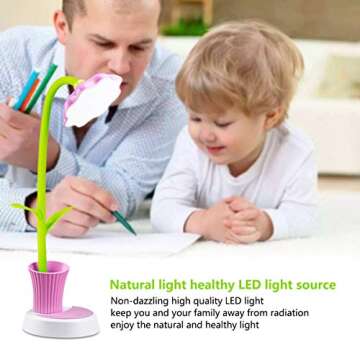 Uniwit Desk Lamp for Kids Sunflower LED Charging Table Lamp Support Eye Protection Small Desk Folding for Reading,Study and Office, Adjustable Brightness - Pink